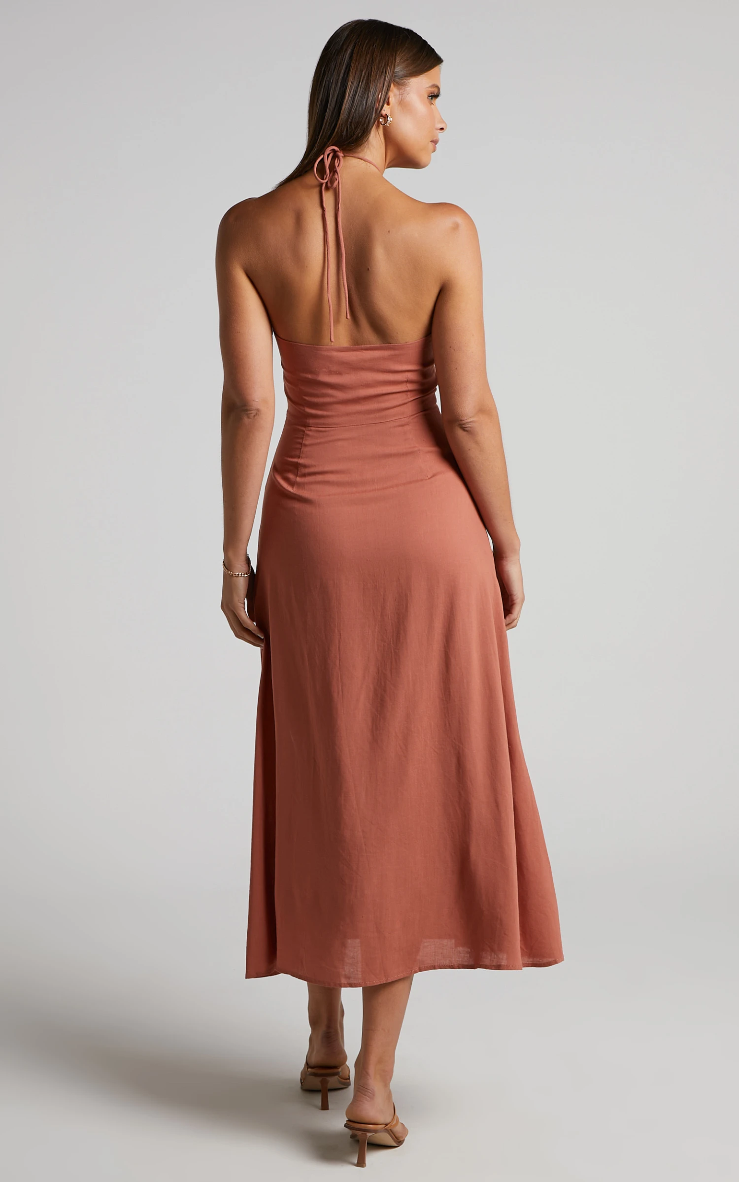 Showpo Sondra Midi Dress - Thigh Split Halter Dress In Terracotta 6 Showpo Sondra Midi Dress - Thigh Split Halter Dress In Terracotta - Image 6