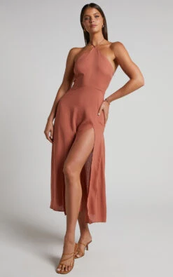 Showpo Sondra Midi Dress - Thigh Split Halter Dress In Terracotta 10 Showpo Sondra Midi Dress - Thigh Split Halter Dress In Terracotta -Showpo Women's Clothing Store Sondra Halter Midi Dress in Tan 2528SD22050039012529 8