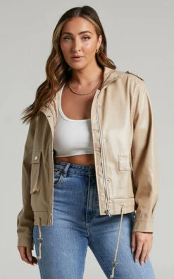Showpo Soraya Faux Leather Zip Front Toggle Hem Jacket In Biscuit