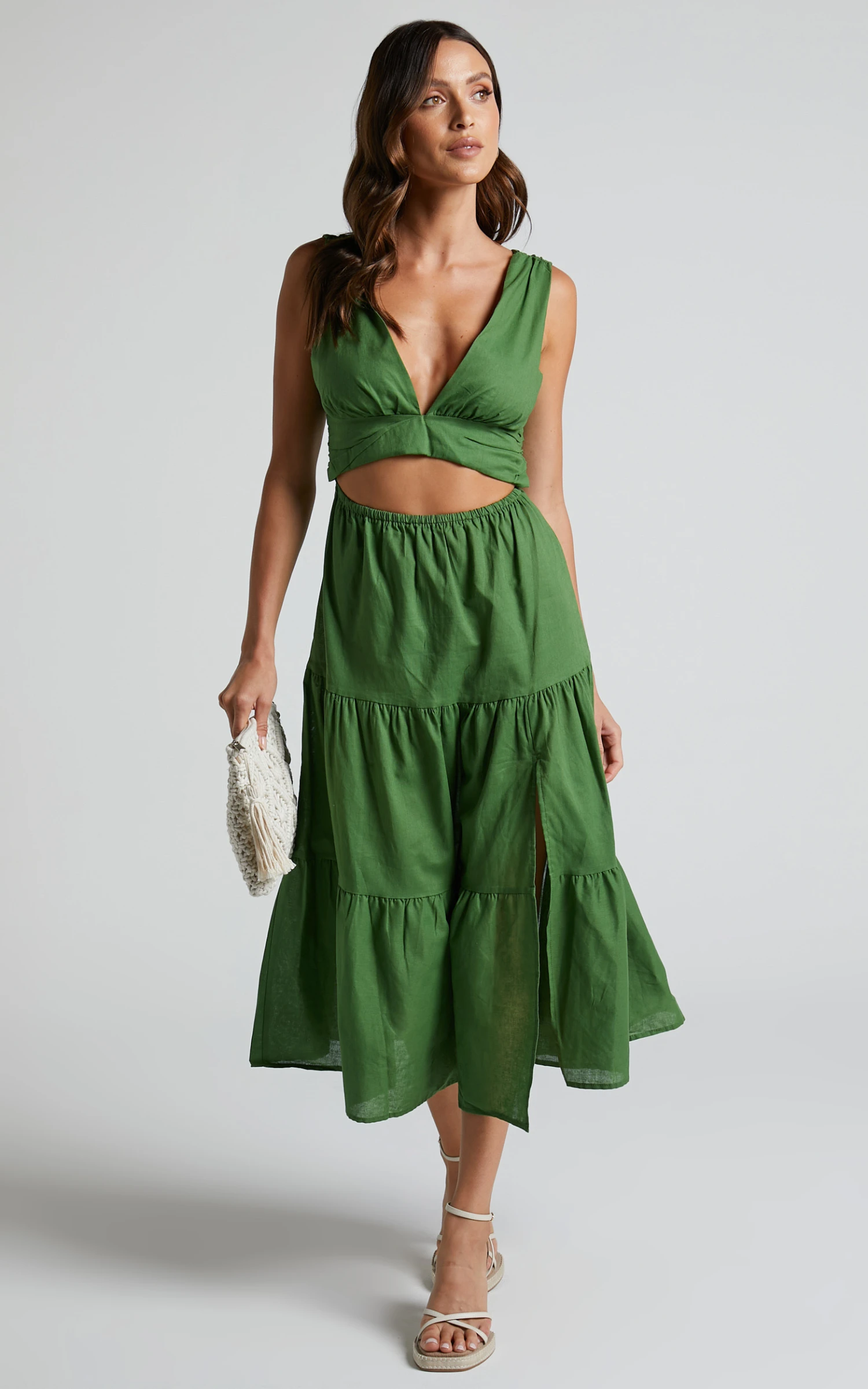 Showpo Spencer V Neck Cut Out Tiered Midi Dress In Green 2 Showpo Spencer V Neck Cut Out Tiered Midi Dress In Green - Image 2