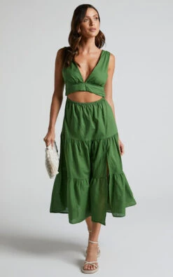 Showpo Spencer V Neck Cut Out Tiered Midi Dress In Green