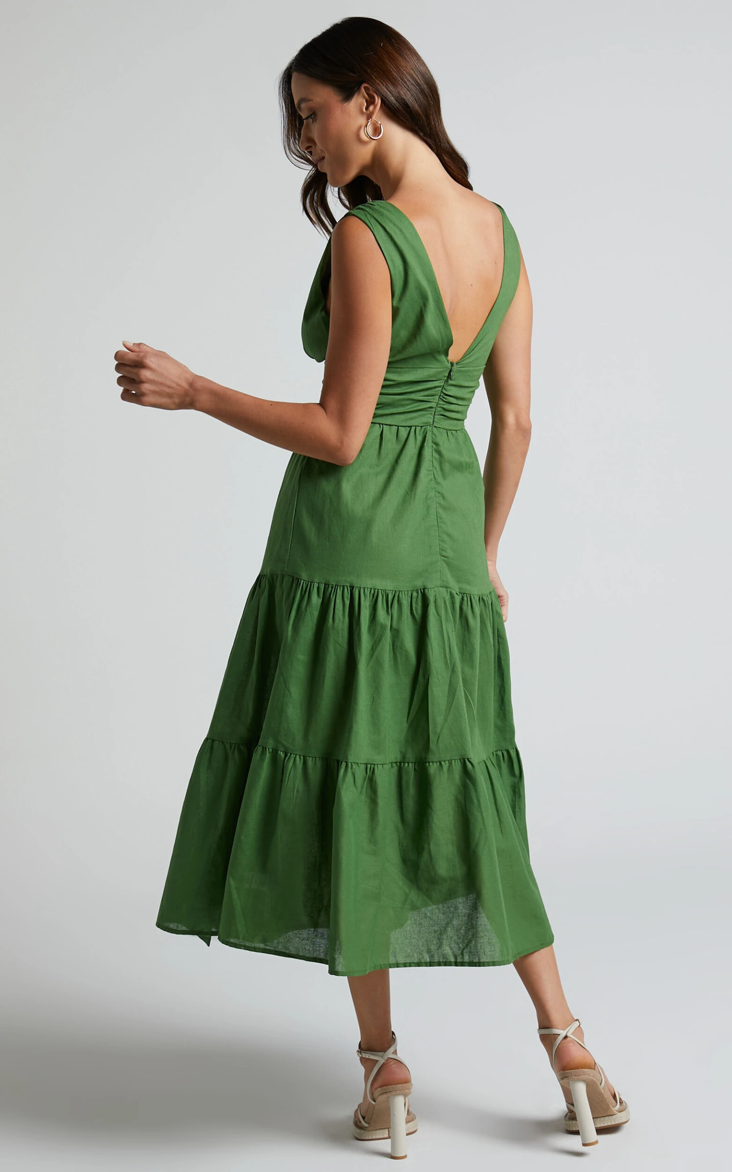 Showpo Spencer V Neck Cut Out Tiered Midi Dress In Green 8 Showpo Spencer V Neck Cut Out Tiered Midi Dress In Green - Image 8