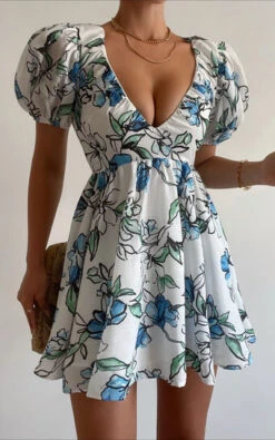 Showpo Alezia Mini Dress - Deep V Neck Puff Sleeve Dress In Brush Stroke Floral