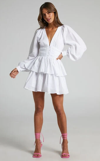 Showpo Suki Mini Dress - Plunge Neck Balloon Sleeve Tiered Ruffle Dress In White 1 Showpo Suki Mini Dress - Plunge Neck Balloon Sleeve Tiered Ruffle Dress In White