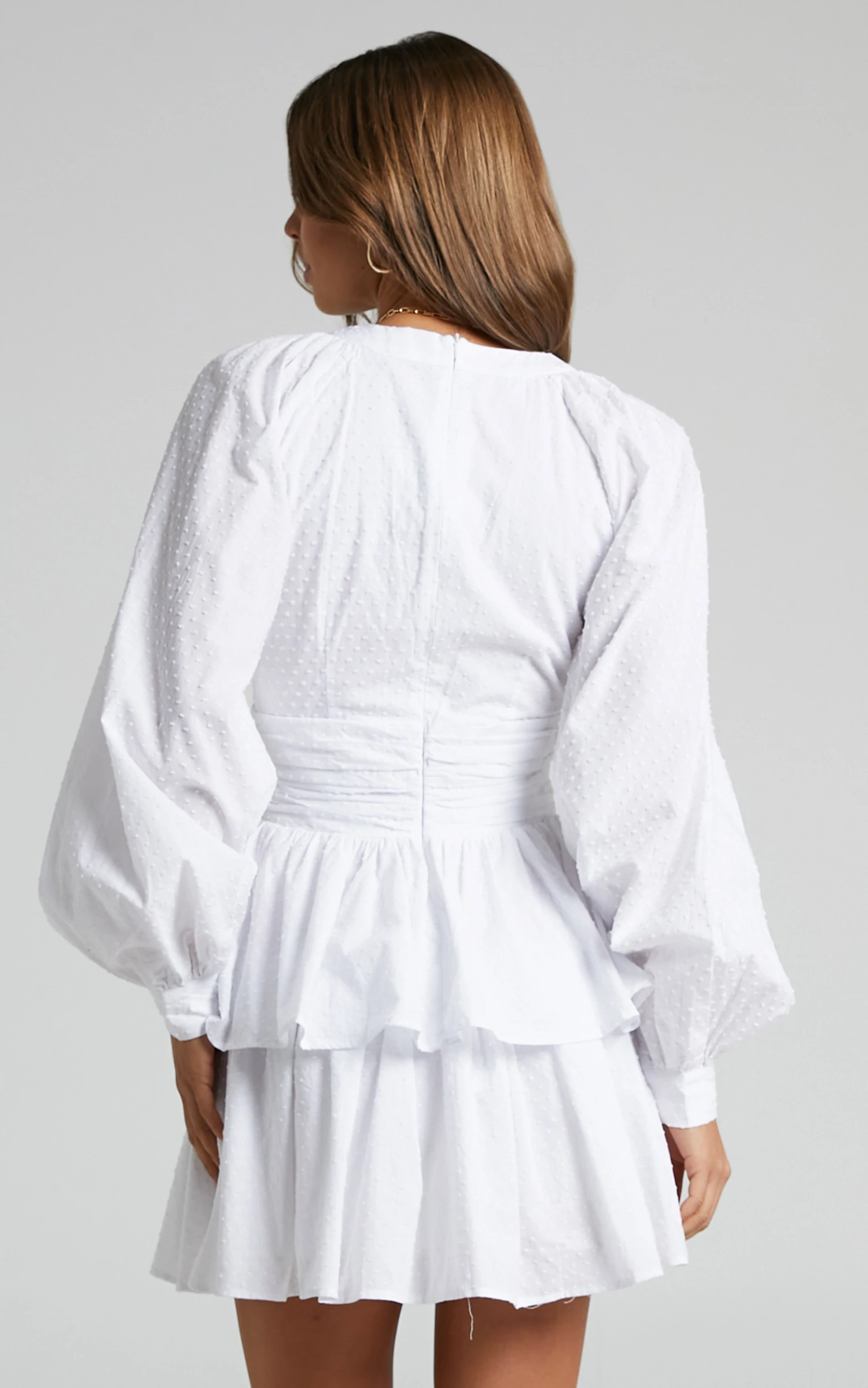 Showpo Suki Mini Dress - Plunge Neck Balloon Sleeve Tiered Ruffle Dress In White 5 Showpo Suki Mini Dress - Plunge Neck Balloon Sleeve Tiered Ruffle Dress In White - Image 5
