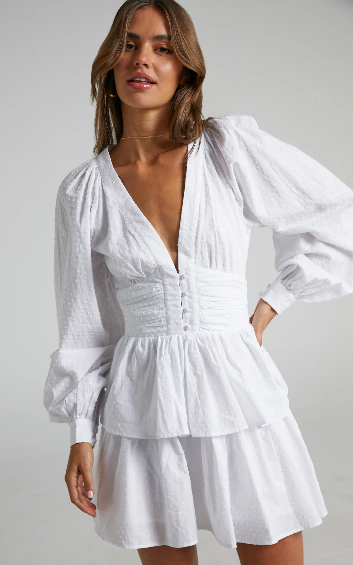 Showpo Suki Mini Dress - Plunge Neck Balloon Sleeve Tiered Ruffle Dress In White 3 Showpo Suki Mini Dress - Plunge Neck Balloon Sleeve Tiered Ruffle Dress In White - Image 3