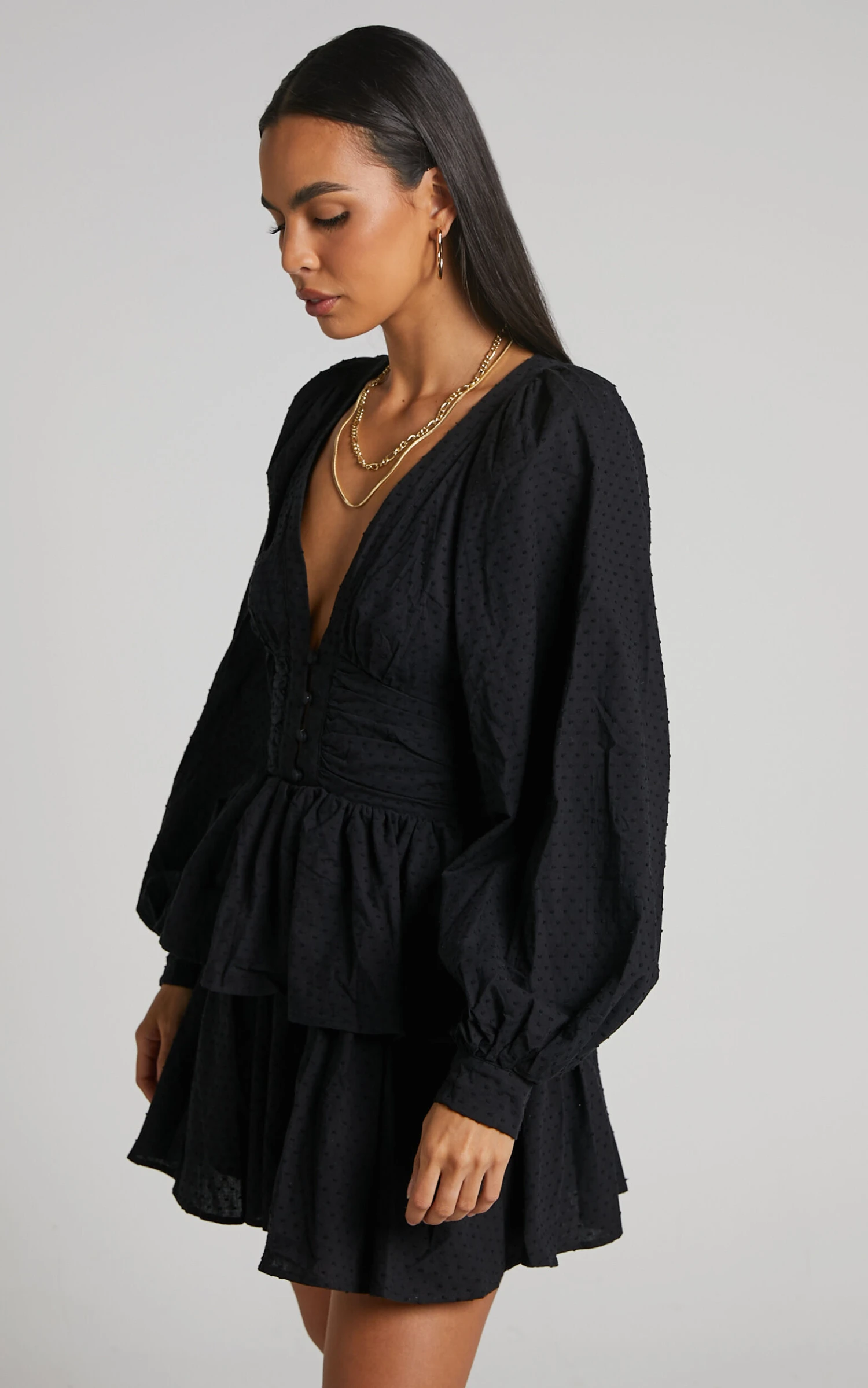Showpo Suki Mini Dress - Plunge Neck Balloon Sleeve Tiered Ruffle Dress In Black 7 Showpo Suki Mini Dress - Plunge Neck Balloon Sleeve Tiered Ruffle Dress In Black - Image 7