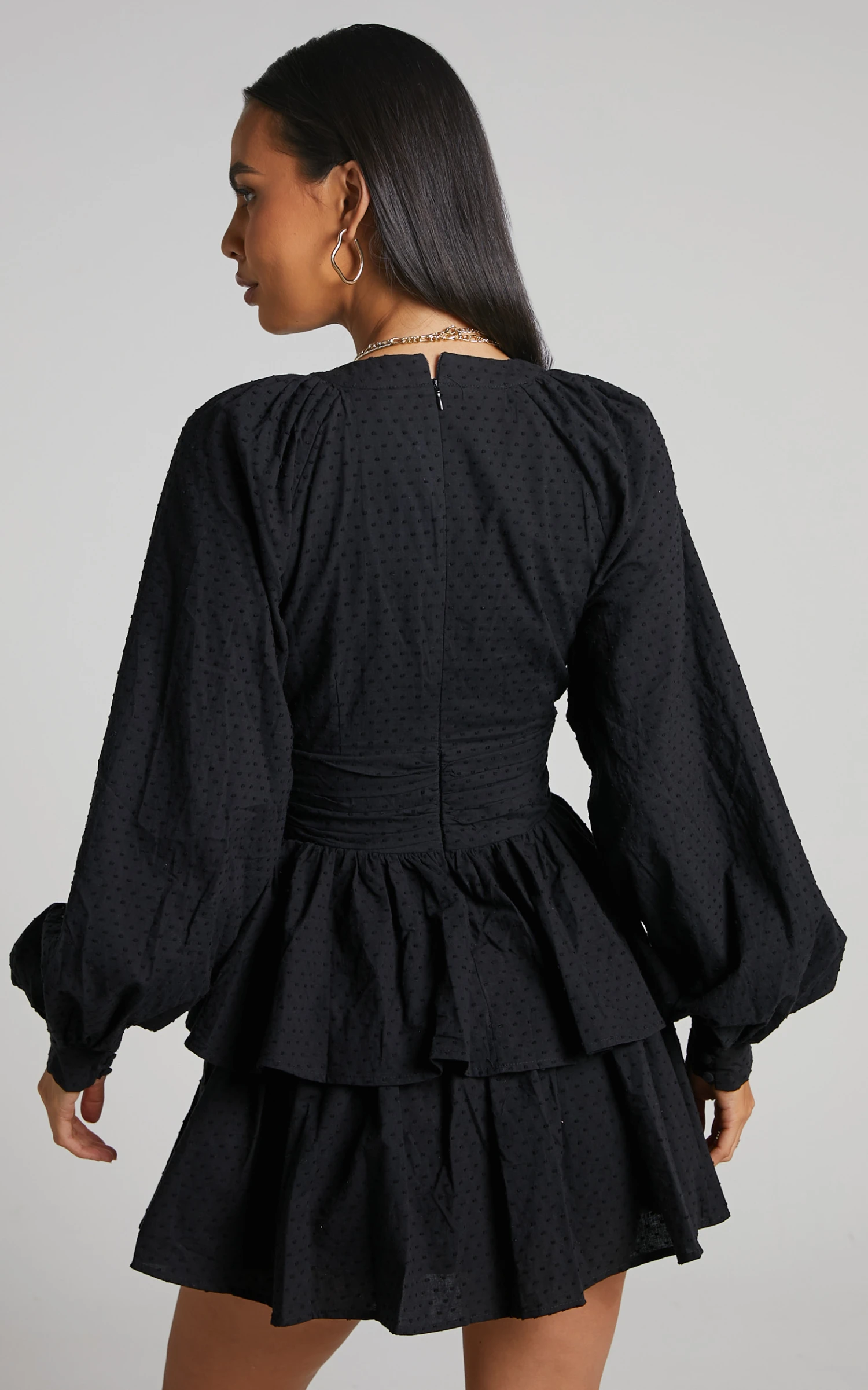 Showpo Suki Mini Dress - Plunge Neck Balloon Sleeve Tiered Ruffle Dress In Black 8 Showpo Suki Mini Dress - Plunge Neck Balloon Sleeve Tiered Ruffle Dress In Black - Image 8