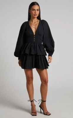 Showpo Suki Mini Dress - Plunge Neck Balloon Sleeve Tiered Ruffle Dress In Black 11 Showpo Suki Mini Dress - Plunge Neck Balloon Sleeve Tiered Ruffle Dress In Black -Showpo Women's Clothing Store Suki Mini Dress Plunge Neck Balloon Sleeve Tiered Ruffle Dress in Black 5