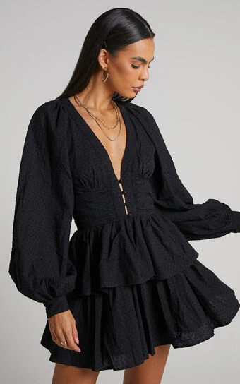 Showpo Suki Mini Dress - Plunge Neck Balloon Sleeve Tiered Ruffle Dress In Black 1 Showpo Suki Mini Dress - Plunge Neck Balloon Sleeve Tiered Ruffle Dress In Black