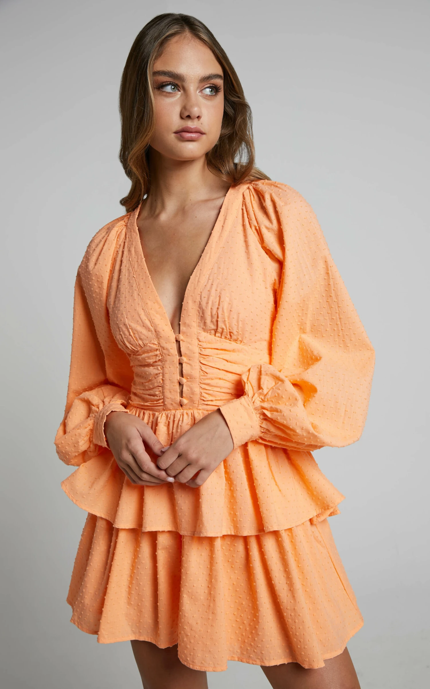 Showpo Suki Mini Dress - Plunge Neck Balloon Sleeve Tiered Ruffle Dress In Sherbet 6 Showpo Suki Mini Dress - Plunge Neck Balloon Sleeve Tiered Ruffle Dress In Sherbet - Image 6