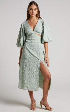 Showpo Tabatha Puff Sleeve Cut Out Midi Dress In Sage
