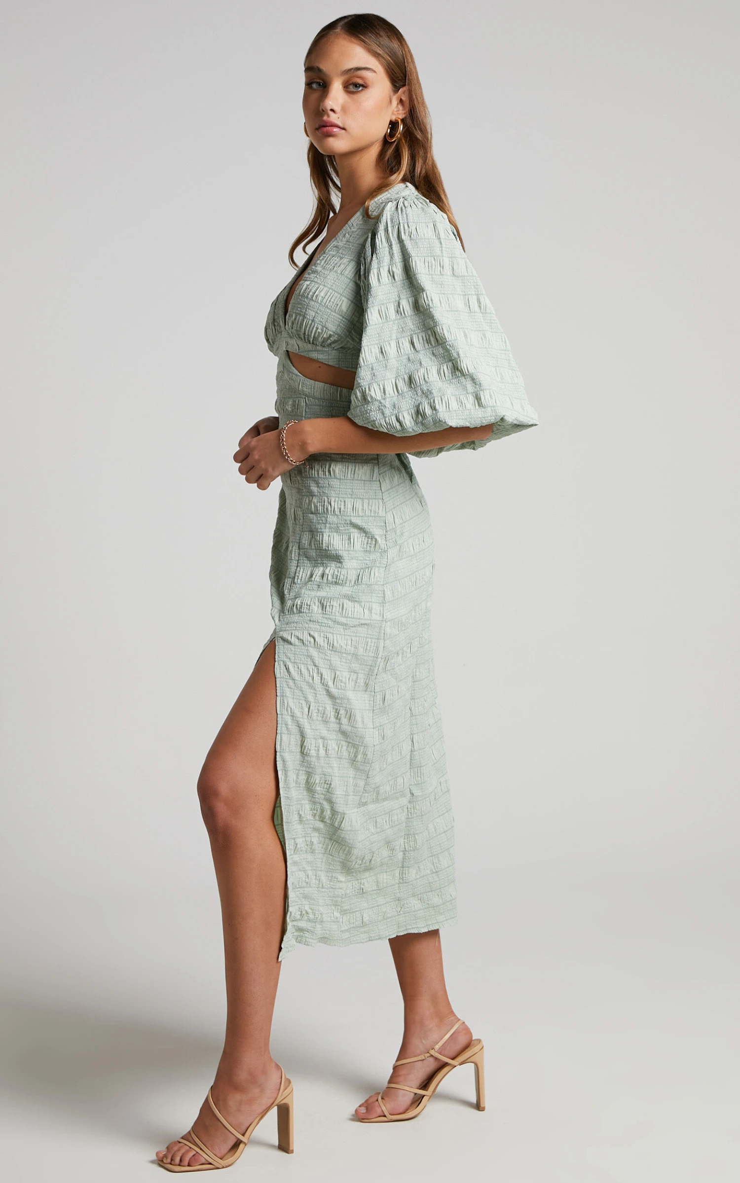Showpo Tabatha Puff Sleeve Cut Out Midi Dress In Sage 4 Showpo Tabatha Puff Sleeve Cut Out Midi Dress In Sage - Image 4