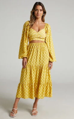 Showpo Tansy Balloon Sleeve Tiered Midi Dress In Yellow -Showpo Women's Clothing Store Tansy Midi Dress with Balloon Long Sleeves in Yellow 2528SD21100134022529