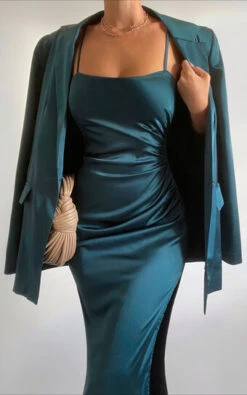 Showpo Hayien Blazer - Single Breasted Longline Satin Blazer In Teal