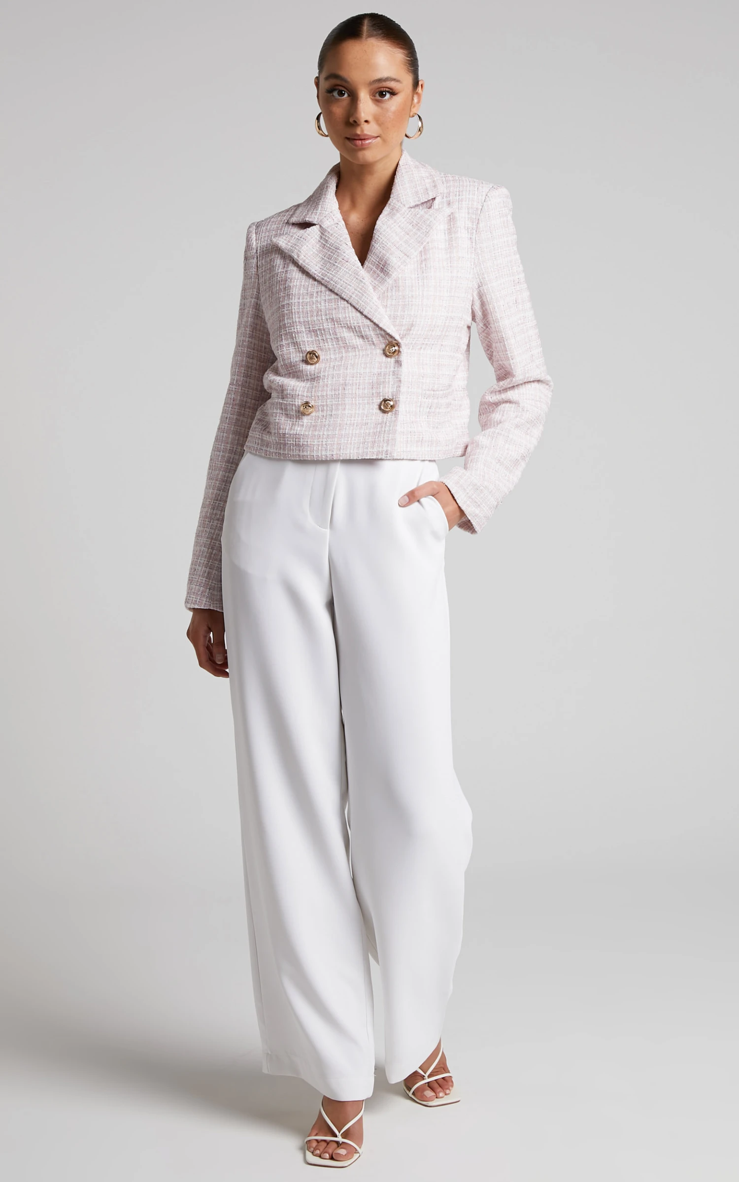 Showpo Tomiko Blazer - Cropped Boucle Tweed Blazer In Light Pink 3 Showpo Tomiko Blazer - Cropped Boucle Tweed Blazer In Light Pink - Image 3