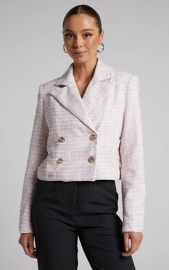 Showpo Tomiko Blazer - Cropped Boucle Tweed Blazer In Light Pink 11 Showpo Tomiko Blazer - Cropped Boucle Tweed Blazer In Light Pink -Showpo Women's Clothing Store Tomiko Cropped Tweed Blazer in White Pink 2528SO21070011022529 12