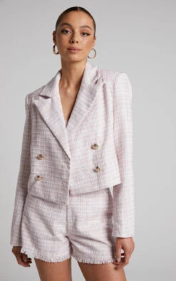 Showpo Tomiko Blazer - Cropped Boucle Tweed Blazer In Light Pink