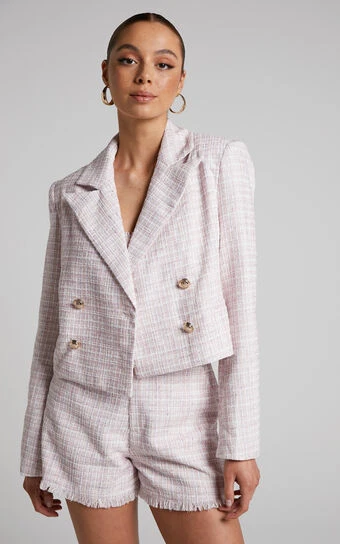 Showpo Tomiko Blazer - Cropped Boucle Tweed Blazer In Light Pink 1 Showpo Tomiko Blazer - Cropped Boucle Tweed Blazer In Light Pink