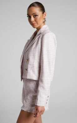 Showpo Tomiko Blazer - Cropped Boucle Tweed Blazer In Light Pink 10 Showpo Tomiko Blazer - Cropped Boucle Tweed Blazer In Light Pink -Showpo Women's Clothing Store Tomiko Cropped Tweed Blazer in White Pink 2528SO21070011022529 4
