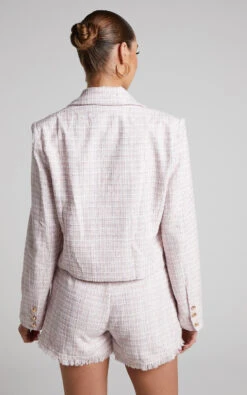 Showpo Tomiko Blazer - Cropped Boucle Tweed Blazer In Light Pink 12 Showpo Tomiko Blazer - Cropped Boucle Tweed Blazer In Light Pink -Showpo Women's Clothing Store Tomiko Cropped Tweed Blazer in White Pink 2528SO21070011022529 5