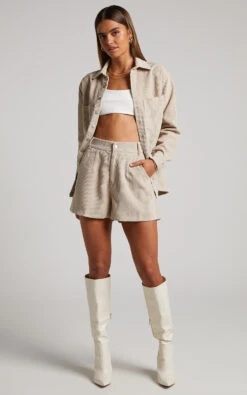 Showpo Tovil High Waisted Corduroy Shorts In Sand -Showpo Women's Clothing Store Tovil High Waisted Corduroy Shorts in Cream 2528SB21030007052529