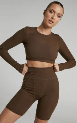 Showpo Tozeur Ribbed High Waist Bike Shorts In Chocolate