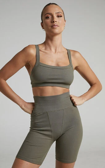 Showpo Tozeur Ribbed High Waist Bike Shorts In Khaki 1 Showpo Tozeur Ribbed High Waist Bike Shorts In Khaki