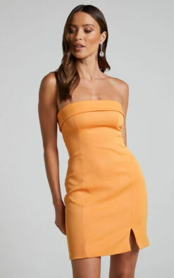 Showpo Tricia Mini Dress - Strapless Foldover Neckline Dress In Mango