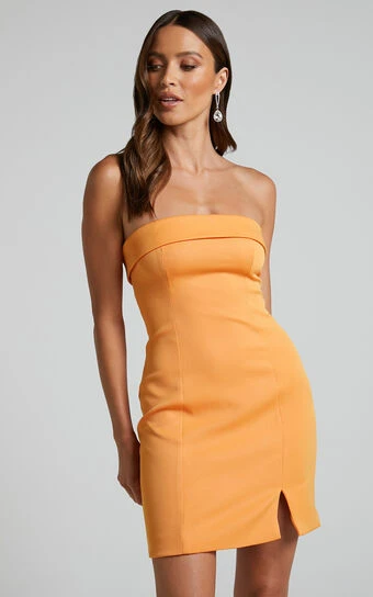 Showpo Tricia Mini Dress - Strapless Foldover Neckline Dress In Mango 1 Showpo Tricia Mini Dress - Strapless Foldover Neckline Dress In Mango