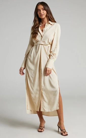 Showpo Trinidad Twist Front Button Through Maxi Dress In Sand 1 Showpo Trinidad Twist Front Button Through Maxi Dress In Sand