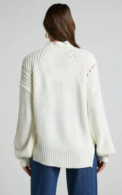 Showpo Trizia Long Sleeve High Neck Pointelle Knit Jumper In Cream -Showpo Women's Clothing Store Trizia Long Sleeve High Neck Pointelle Knit Jumper in Cream