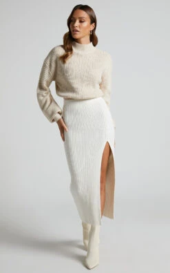 Showpo Valerie High Neck Balloon Sleeve Knit Jumper In Cream -Showpo Women's Clothing Store Valerie High Neck Balloon Sleeve Knit Jumper in Cream