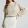 Showpo Valerie High Neck Balloon Sleeve Knit Jumper In Cream