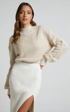 Showpo Valerie High Neck Balloon Sleeve Knit Jumper In Cream