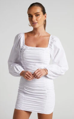 Showpo Verne Mini Dress - Ruched Front Long Sleeve Dress In White -Showpo Women's Clothing Store Verne Ruched Front Long Sleeve Mini Dress in White 2528SD22090021022529 3