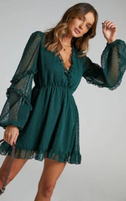 Showpo Sancha Long Sleeve Frill Mini Dress In Emerald