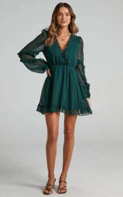 Showpo Sancha Long Sleeve Frill Mini Dress In Emerald -Showpo Women's Clothing Store Vickie One Shoulder Tie Front Top in Emerald 2528ST21060043012529 2