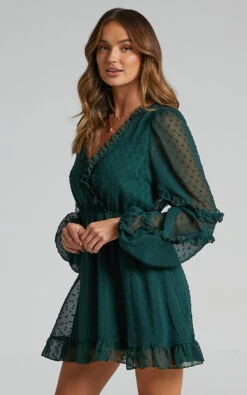 Showpo Sancha Long Sleeve Frill Mini Dress In Emerald -Showpo Women's Clothing Store Vickie One Shoulder Tie Front Top in Emerald 2528ST21060043012529 5