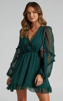 Showpo Sancha Long Sleeve Frill Mini Dress In Emerald -Showpo Women's Clothing Store Vickie One Shoulder Tie Front Top in Emerald 2528ST21060043012529 7