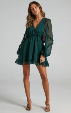Showpo Sancha Long Sleeve Frill Mini Dress In Emerald -Showpo Women's Clothing Store Vickie One Shoulder Tie Front Top in Emerald 2528ST21060043012529 8