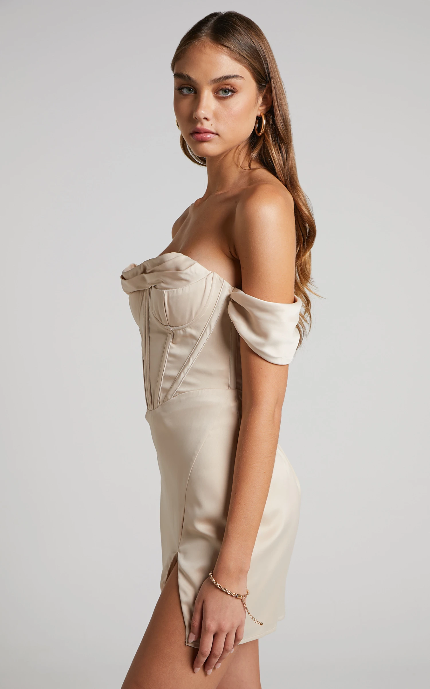 Showpo Wallace Mini Dress - Strapless Bardot Sleeve Cowl Neck Corset Dress In Oyster 5 Showpo Wallace Mini Dress - Strapless Bardot Sleeve Cowl Neck Corset Dress In Oyster - Image 5