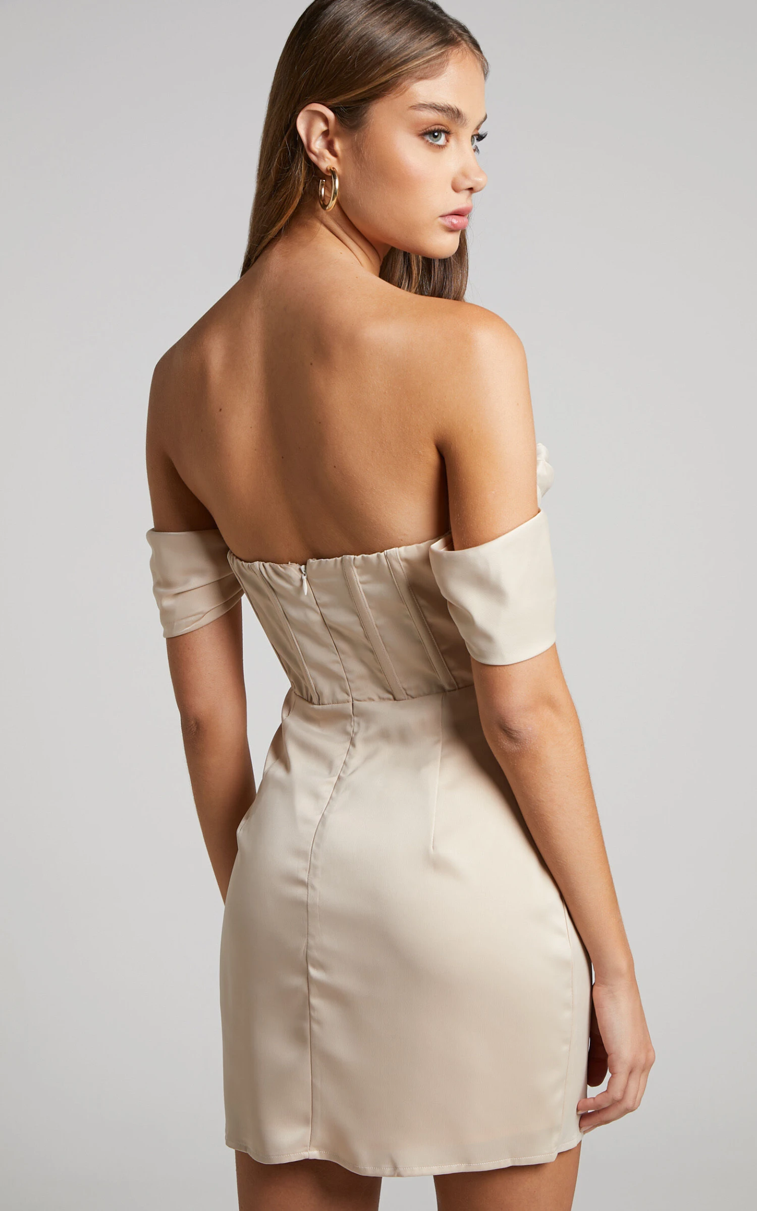 Showpo Wallace Mini Dress - Strapless Bardot Sleeve Cowl Neck Corset Dress In Oyster 6 Showpo Wallace Mini Dress - Strapless Bardot Sleeve Cowl Neck Corset Dress In Oyster - Image 6