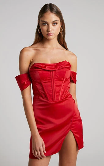 Showpo Wallace Mini Dress - Strapless Bardot Sleeve Cowl Neck Corset Dress In Red