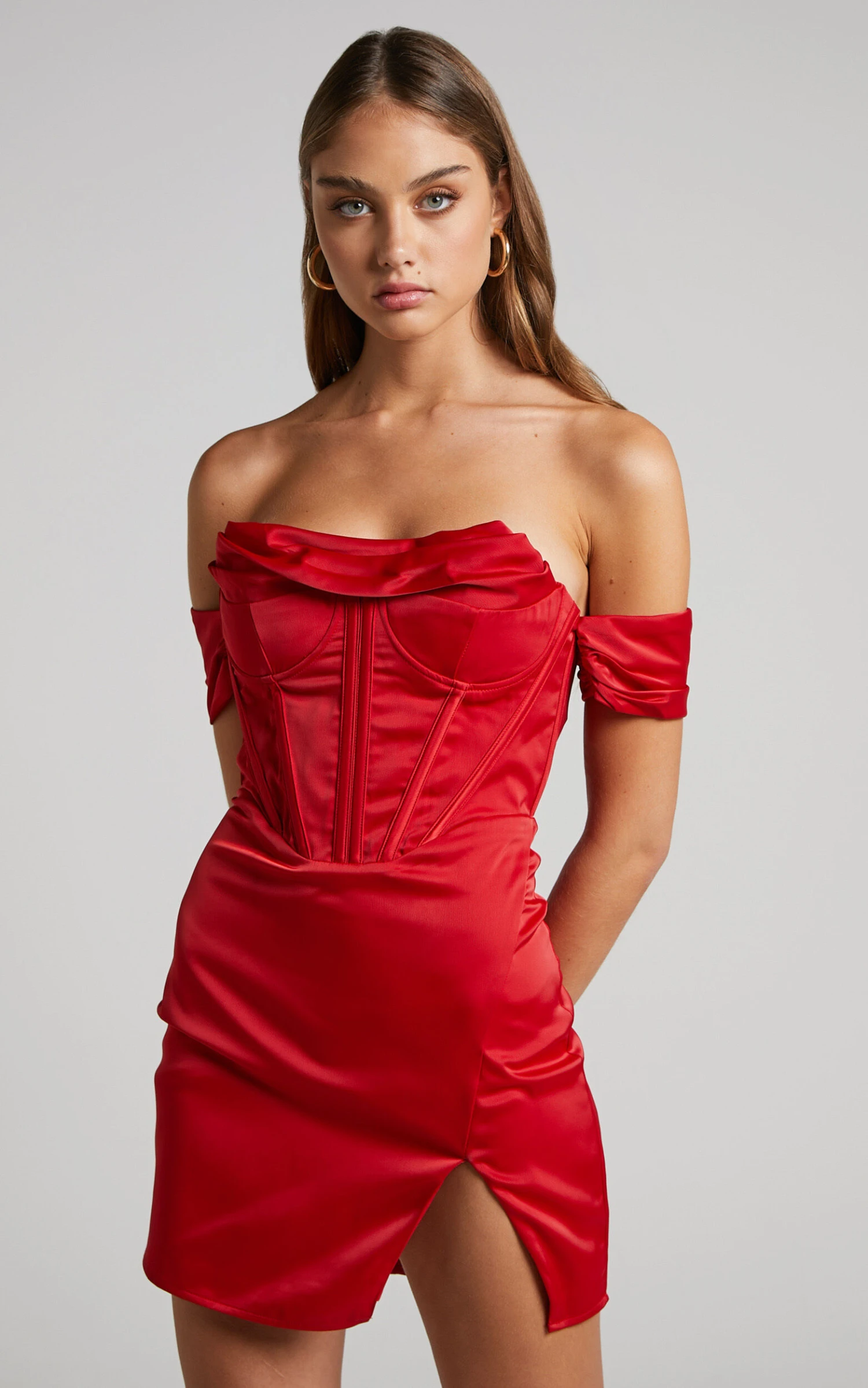 Showpo Wallace Mini Dress - Strapless Bardot Sleeve Cowl Neck Corset Dress In Red - Image 7