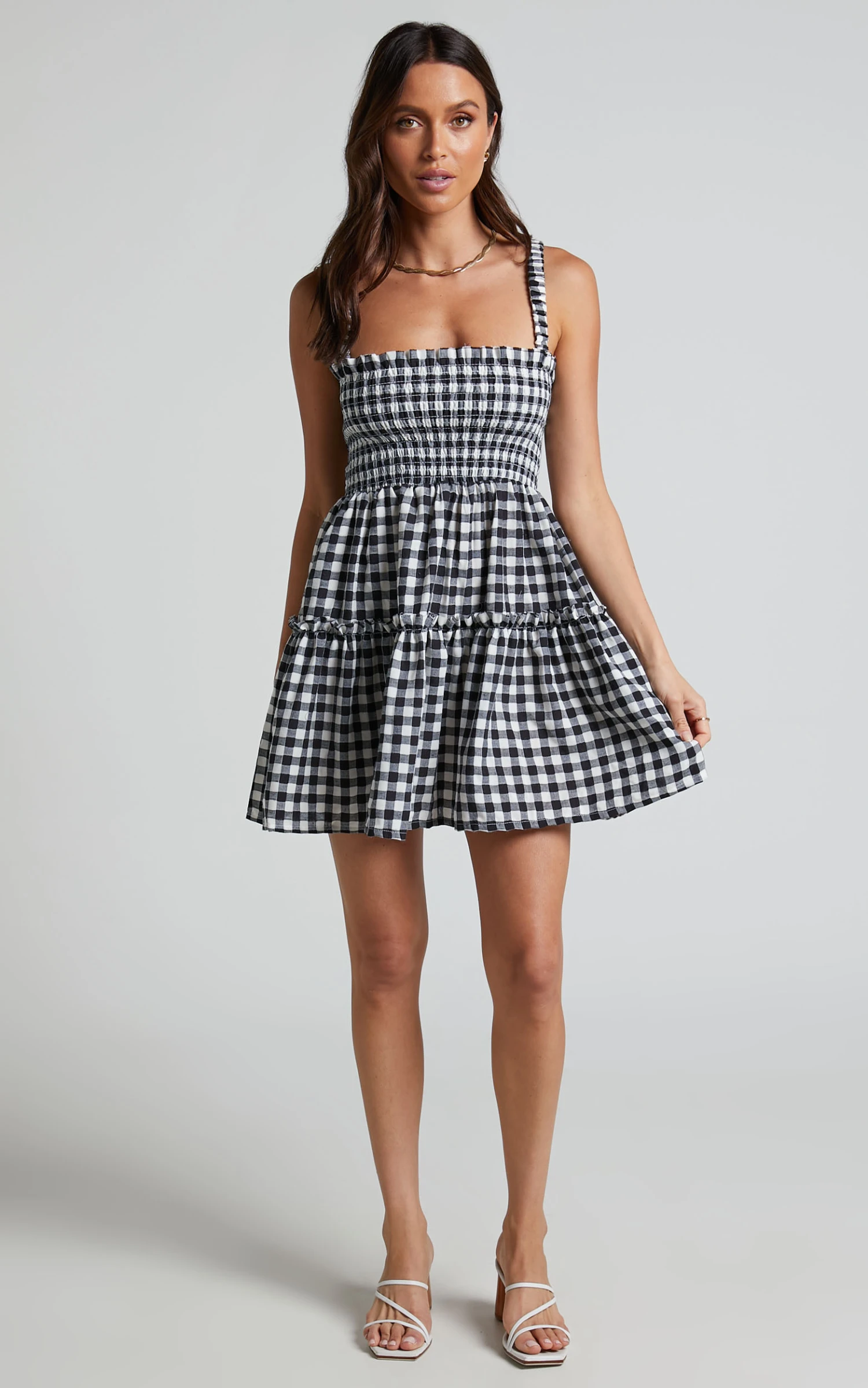 Showpo Wilda Mini Dress - Shirred Tiered Dress In Black And White Check 5 Showpo Wilda Mini Dress - Shirred Tiered Dress In Black And White Check - Image 5