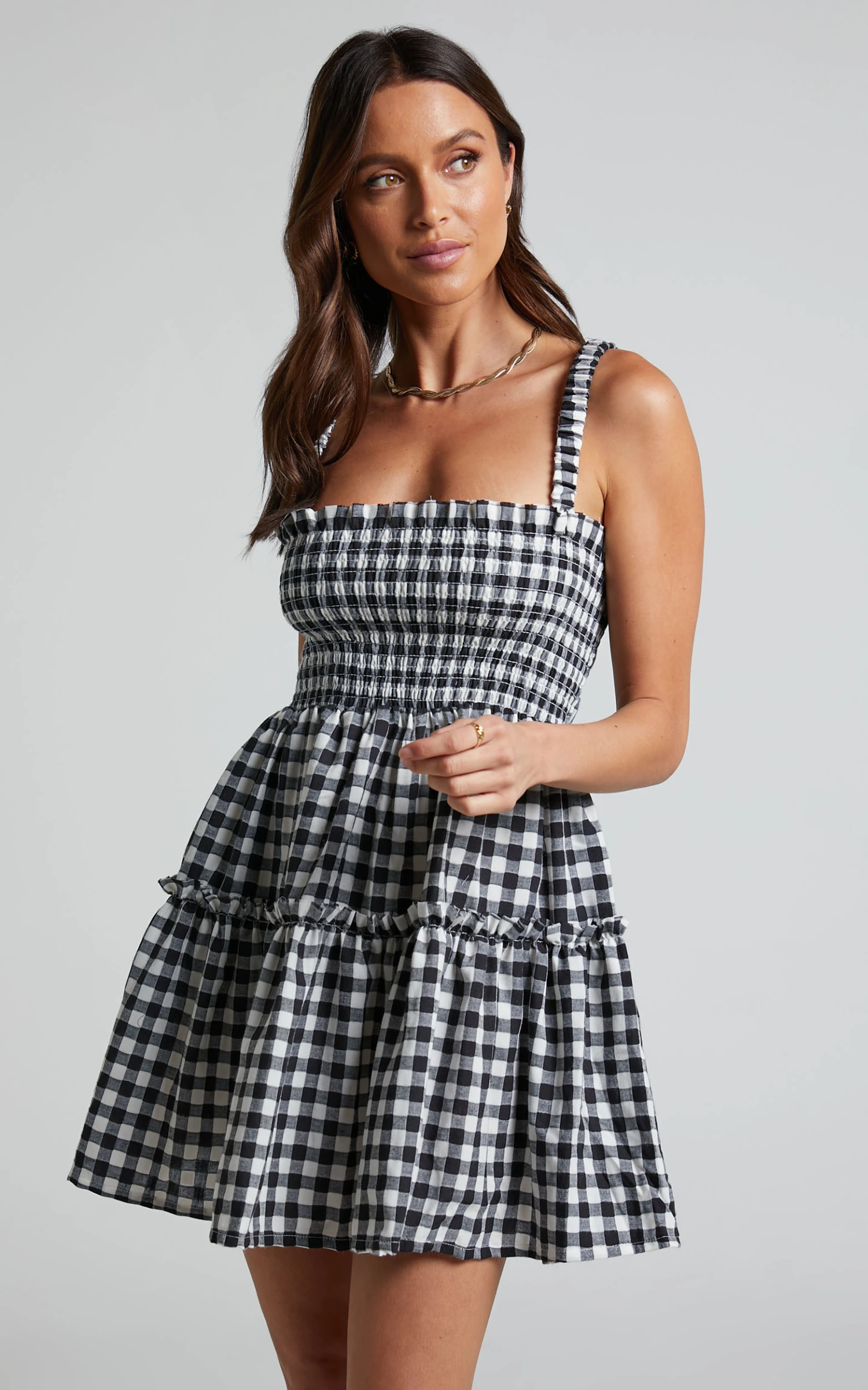 Showpo Wilda Mini Dress - Shirred Tiered Dress In Black And White Check 4 Showpo Wilda Mini Dress - Shirred Tiered Dress In Black And White Check - Image 4