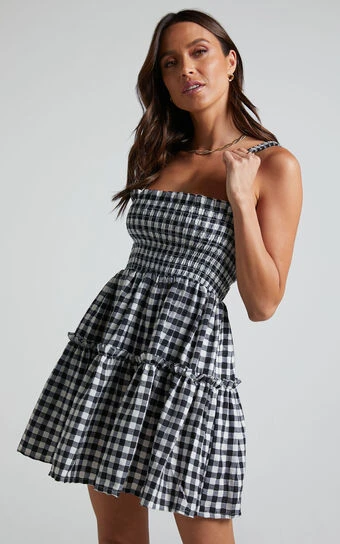 Showpo Wilda Mini Dress - Shirred Tiered Dress In Black And White Check 1 Showpo Wilda Mini Dress - Shirred Tiered Dress In Black And White Check