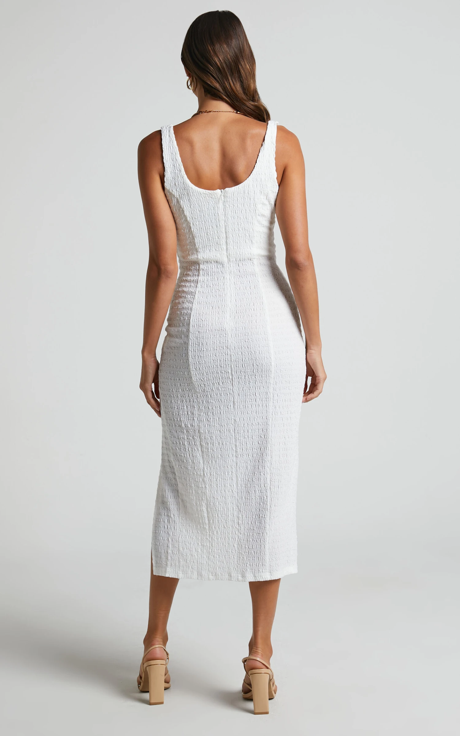 Showpo Wilder Midi Dress - Textured Thigh Split Bodycon Dress In Off White 8 Showpo Wilder Midi Dress - Textured Thigh Split Bodycon Dress In Off White - Image 8