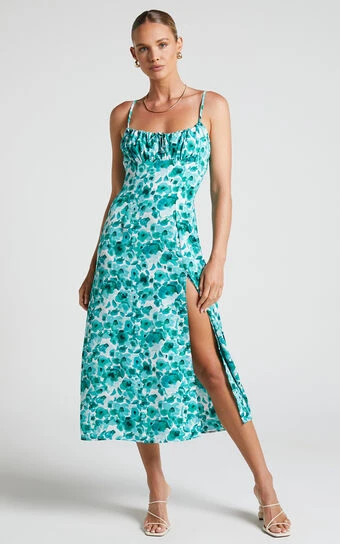 Showpo Willa Midi Dress - Ruched Bust Thigh Split Dress In Green Floral 1 Showpo Willa Midi Dress - Ruched Bust Thigh Split Dress In Green Floral